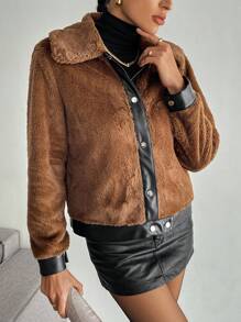 SHEIN Essnce Women's Chocolate Brown Winter Coat Thermal Winter Coat Colorblock Trim Front Button Fluffy Lined Keep Warm Winter Coat Winter Women Clothes Winter Women Coat Winter Outfits Winter Jacket