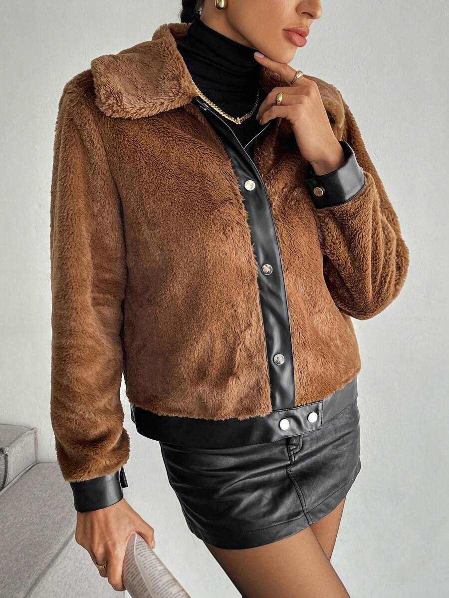 SHEIN Essnce Women's Chocolate Brown Winter Coat Thermal Winter Coat Colorblock Trim Front Button Fluffy Lined Keep Warm Winter Coat Winter Women Clothes Winter Women Coat Winter Outfits Winter Jacket