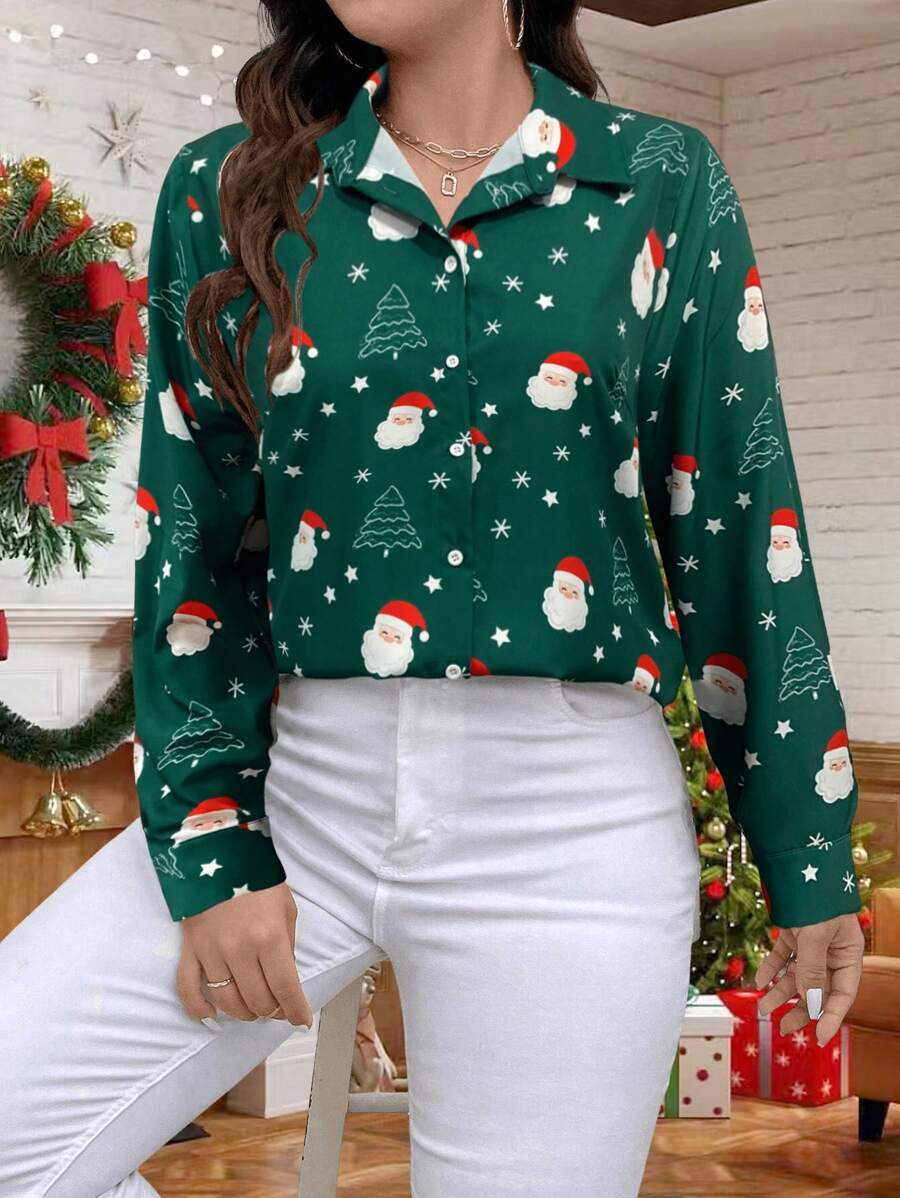 SHEIN LUNE 加大码编织圣诞老人印花绿色衬衫，适合圣诞节女式衬衫 - 綠色 - 查看 1