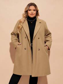 SHEIN CURVE+ Curve Plus Lapel Neck Double Breasted Overcoat, For Winter Fall Autumn