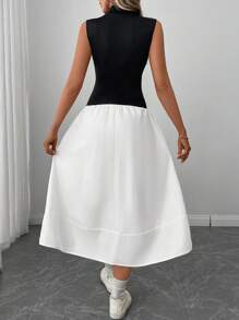 SHEIN LUNE Elegant Women Stand Collar Slim Fit Cruise Travel Daily Dress, Black And White - Black and White - View 2