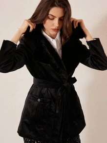 SHEIN Privé 天鹅绒翻领系腰修身休闲夹克 - 黑色 - 查看 4