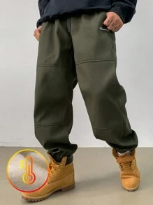 DAZY 男士纯色抽绳休闲裤，适合日常穿着，秋季男士慢跑裤 - 軍綠色 - 查看 1