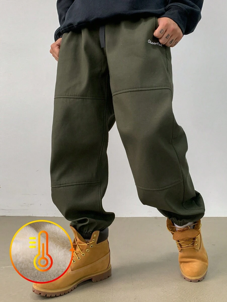 DAZY 男士纯色抽绳休闲裤，适合日常穿着，秋季男士慢跑裤 - 軍綠色 - 查看 1