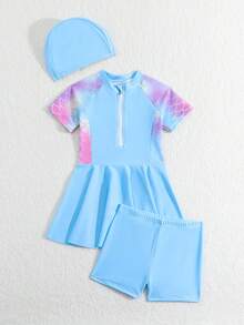 3 件套年轻女孩专业美人鱼泳衣套装，防紫外线防暴露泳衣 - 藍色 - 查看 5