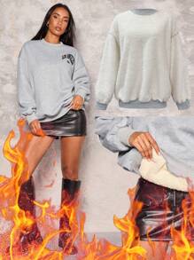 Glamine Casual Simple Thermal Lined Warm Letter Print Grey Crew Neck Pullover Sweatshirt For Women, Winter  Fall Outfit - Grey - View 2