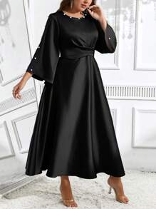 SHEIN Clasi Đầm trang trí đính cườm cổ tròn tay dài thanh lịch cỡ lớn - màu đen - Xem 7