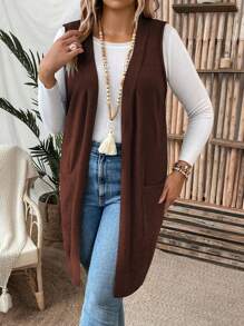 SHEIN LUNE Plus Size Solid Color Sleeveless Cardigan With Pockets - Coffee Brown - View 3