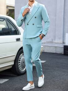 Manfinity Mode 2pcs Men's Solid Color Double-Breasted Long Sleeve Blazer Jacket And Pants Casual Suit Set - Blue - View 1