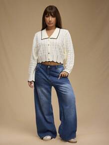 Forever 21 Áo len cardigan dệt kim dài tay khoét lỗ viền tương phản màu be cỡ lớn thời trang dành cho nữ, mùa thu/đông - Màu be - Xem 4