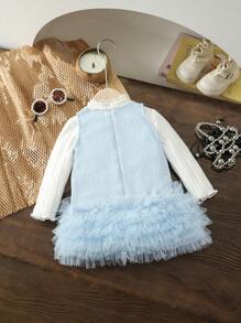 SHEIN 2 件套女婴多层荷叶边网眼撞色纯色无袖拉链连衣裙，配有仿口袋和罗纹饰边长袖上衣，甜美舒适，春秋冬 - 淺藍色 - 查看 2