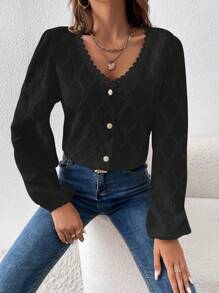SHEIN Frenchy Solid Color V-Neck Button Front Lace Patchwork Long Sleeve Blouse,Long Sleeve Tops
