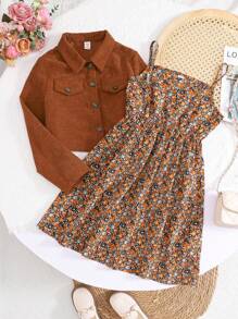 SHEIN Emery Rose Kids LMoss Tween Girl Tween Girl's Casual Woven Long Sleeve Shirt Top And Ditsy Floral Slip Dress Set