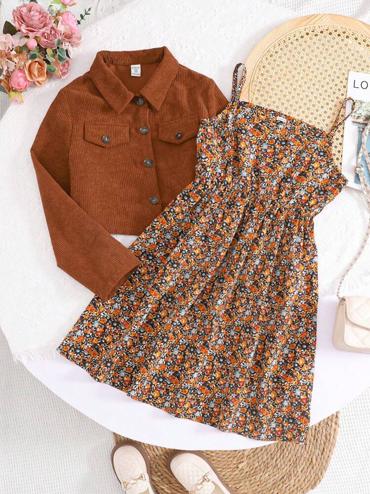 SHEIN Emery Rose Kids Set di camicia a maniche lunghe casual intrecciata e vestito a scivolata con motivo floreale ditsy per ragazza adolescente - Castano - Visualizzare 2