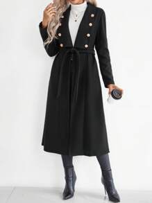 SHEIN LUNE 双排扣女式长款大衣（配腰带） - 黑色 - 查看 3