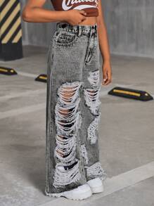 SHEIN Tween Girl Y2K Fashion Vintage Stonewashed Ripped Raw Hem Baggy Wide Leg Jeans, Girls Summer Clothes Back To School Streetwear Outfits