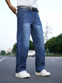 Manfinity Homme Men's Simple Pocket Design Casual Washed Baggy Jeans - Blue - View 6