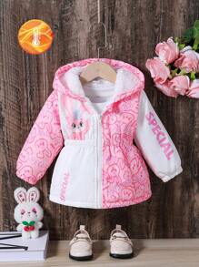 Baby And Baby Girl Cute Rabbit Colorblock Printed Fluffy Fabric Thermal Lined Hooded Mid-Length Belted Padded Coat, Fall/Winter