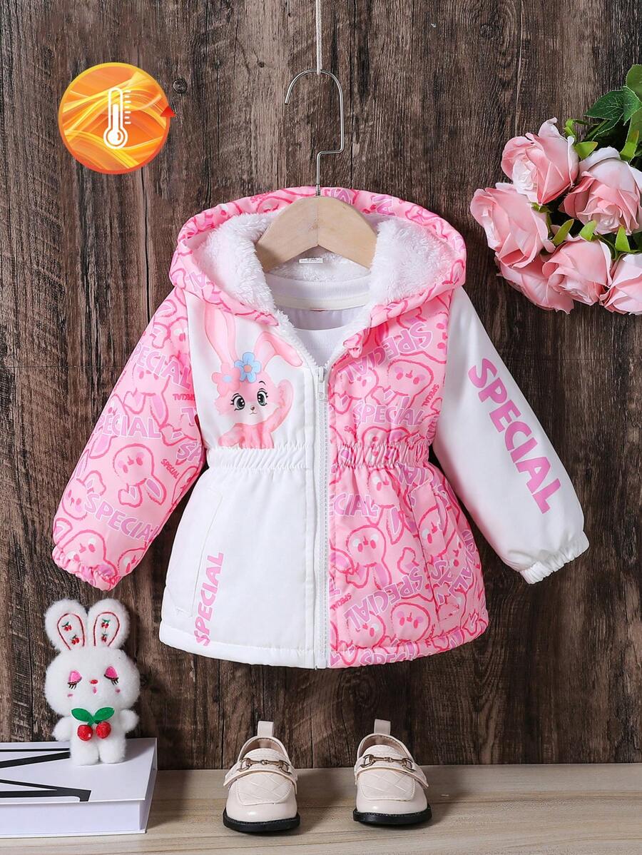 Baby And Baby Girl Cute Rabbit Colorblock Printed Fluffy Fabric Thermal Lined Hooded Mid-Length Belted Padded Coat, Fall/Winter