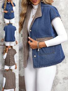 SHEIN LUNE Women's Reversible Loose Fit Denim Vest Jacket For Fall & Winter Thickened Denim