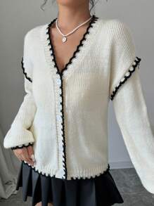 SHEIN Unity Cárdigan suelto de punto de mujer con cuello en V, mangas largas caídas y un solo botonadura para otoño/invierno - Albaricoque - Ver 3