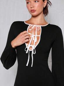 Glamine Women Autumn Winter Lace-Up Hollow Out Long Sleeve Elegant Knit Sweater Dress Fall Cloth For Women - Black - View 6