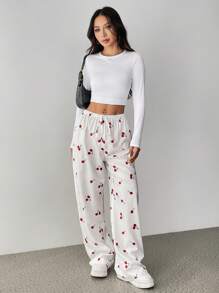 SHEIN Unity 女士休闲全宽樱桃印花低腰抽绳宽松直筒裤 - 紅白色 - 查看 5