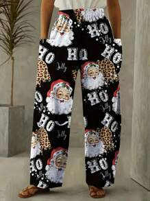 Plus Christmas Graphic Print Straight Leg Pocket Pants - Multicolor - View 1