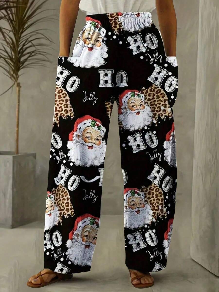 Plus Christmas Graphic Print Straight Leg Pocket Pants - Multicolor - View 1