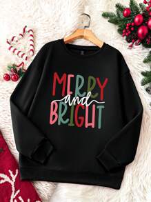 Calvaya Áo nỉ nữ cỡ lớn in chữ MERRY và BRIGHT chủ đề Giáng sinh, kiểu dáng mùa thu. - màu đen - Xem 1