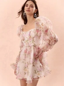 Enchnt Autumn/Winter Romantic Women's Sweetheart Elegant Floral Print Puff Sleeve Backless Dress,For Halloween&Christmas Party - White - View 6