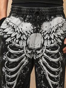 ROMWE MEN Grunge Punk Herren Lässige Jogginghose mit Flügel Muster, Kordel Taille, Taschen und weitem Bein - Schwarz - Übersicht 2