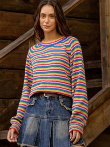 LanaWest 女士度假休闲乡村条纹插肩袖毛衣 - 彩色 - 查看 4