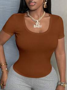 Slaydiva Women's Simple Casual Basic U-Neck Short Sleeve Fitted Ribbed Stretch Tee In White - Mocha Brown - View 6