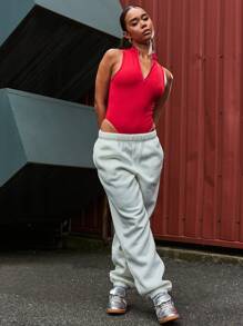 SUMWON WOMEN Zip Through High Neck High Leg Bodysuit - Red - View 5