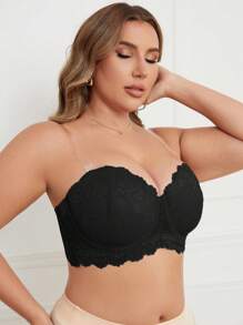 SHEIN 1 件大码纯色蕾丝钢圈文胸内衣 - 黑色 - 查看 4