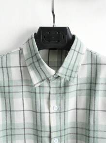 Manfinity Homme 男士休闲格子长袖宽松衬衫，秋季 - 綠色 - 查看 4