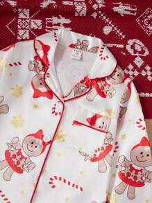 SHEIN Kleine Mädchen Set aus Langarm Schlafanzug mit Lebkuchenmann- und Zuckerstangen Muster, Familien Weihnachts Schlafanzüge passend für Herbst & Winter - Rot-Weiß - Übersicht 6