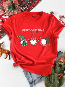 SHEIN EZwear Christmas Santa Claus Pattern Casual Loose Crew Neck Short Sleeve Women T-Shirt, Suitable For Summer