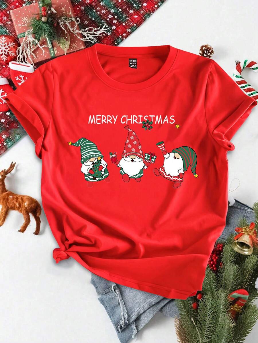 SHEIN EZwear Christmas Santa Claus Pattern Casual Loose Crew Neck Short Sleeve Women T-Shirt, Suitable For Summer