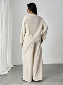 Firerie Bộ 2 món đồ thời trang công sở thanh lịch cỡ lớn sang trọng tinh tế cao cấp tiệc trà chiều gợi cảm hẹn hò hòa nhạc tiệc dành cho phụ nữ đơn giản giản dị kỳ nghỉ thời trang áo sơ mi rộng buộc nơ phía trước và quần ống rộng cạp cao co giãn - Màu be - Xem 3