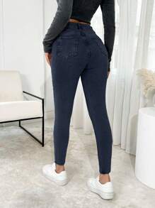 EURMUSE High Waist Snow Wash Skinny Jeans - Dark Wash - View 2