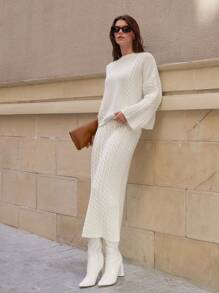 SHEIN Cottnline Korean Style Vintage Soft White Ribbed Knitted Sweater & Skirt 2-Piece Set For Women - White - View 3