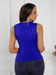 SHEIN Lady Women's Music Festival Rhinestone Decor Hollow Out Fitted Camisole - Royal Blue - View 2