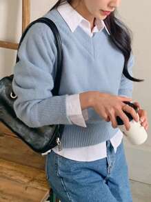 DAZY 女式 V 领宽松长袖纯色毛衣、休闲装、秋装 - 藍色 - 查看 4