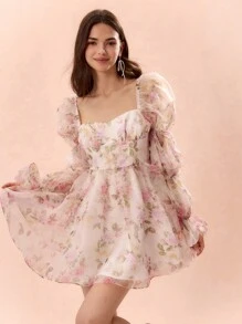 Enchnt Autumn/Winter Romantic Women's Sweetheart Elegant Floral Print Puff Sleeve Backless Dress,For Halloween&Christmas Party - White - View 2