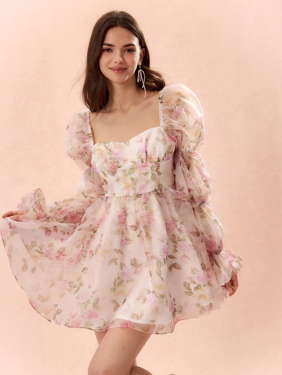Enchnt Autumn/Winter Romantic Women's Sweetheart Elegant Floral Print Puff Sleeve Backless Dress,For Halloween&Christmas Party