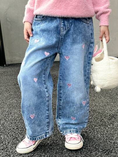 SHEIN 年轻女孩时尚爱心刺绣宽松直筒休闲牛仔裤