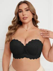 SHEIN 1 件大码纯色蕾丝钢圈文胸内衣 - 黑色 - 查看 5