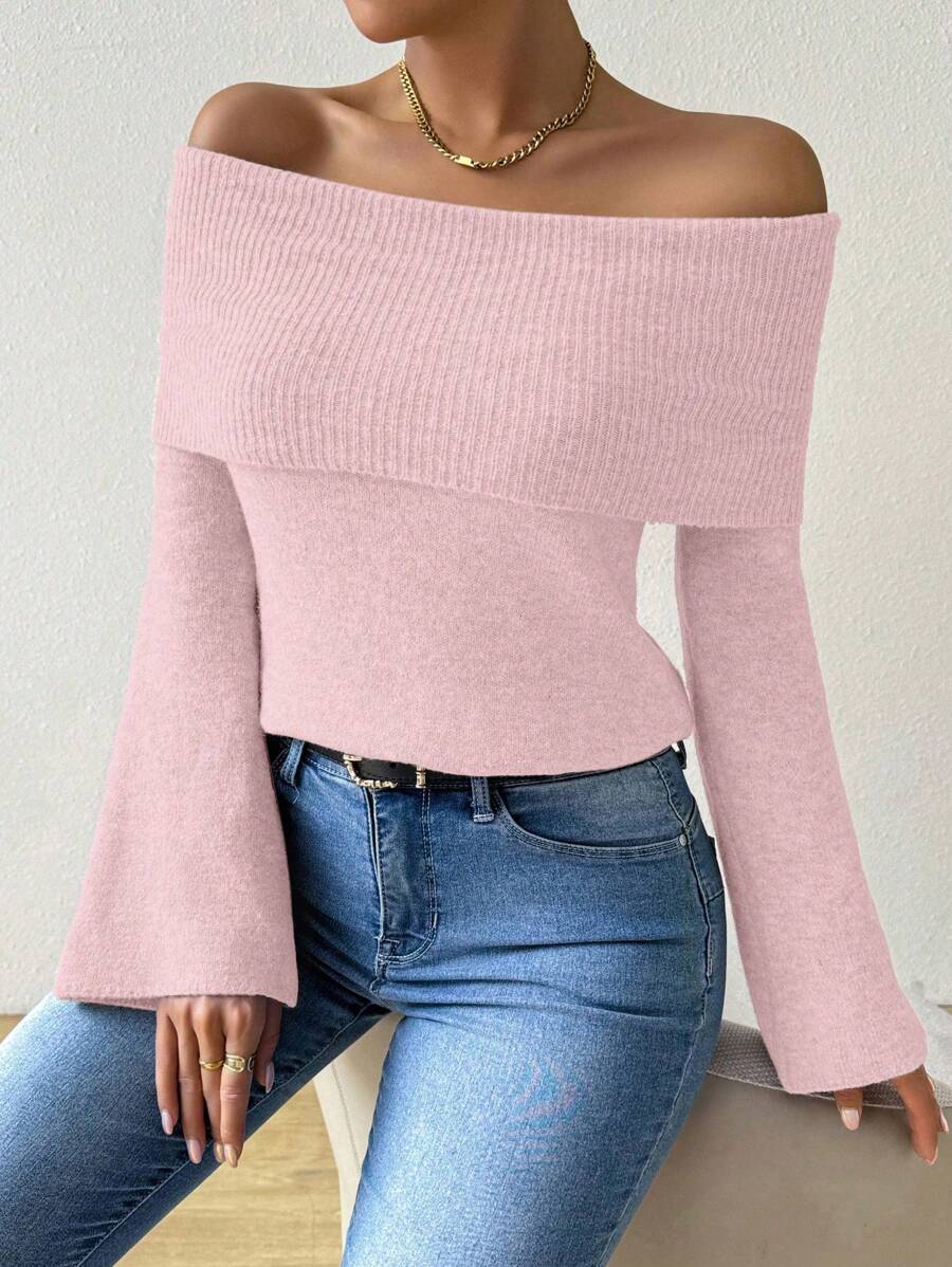 SHEIN Unity New Arrival Autumn/Winter Fashionable Solid Color Foldover Off Shoulder Sweater Top Knit Pullover Fall - Baby Pink - View 1